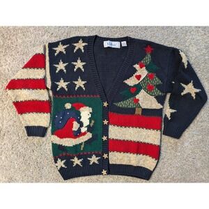 VTG Belle Pointe‎ Knitted Christmas Santa Cardigan Wooden Buttons Sz L USA Flag
